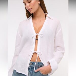 🆕 Abercrombie & Fitch Long-Sleeve Oversized Tie-Front Gauzy Shirt
